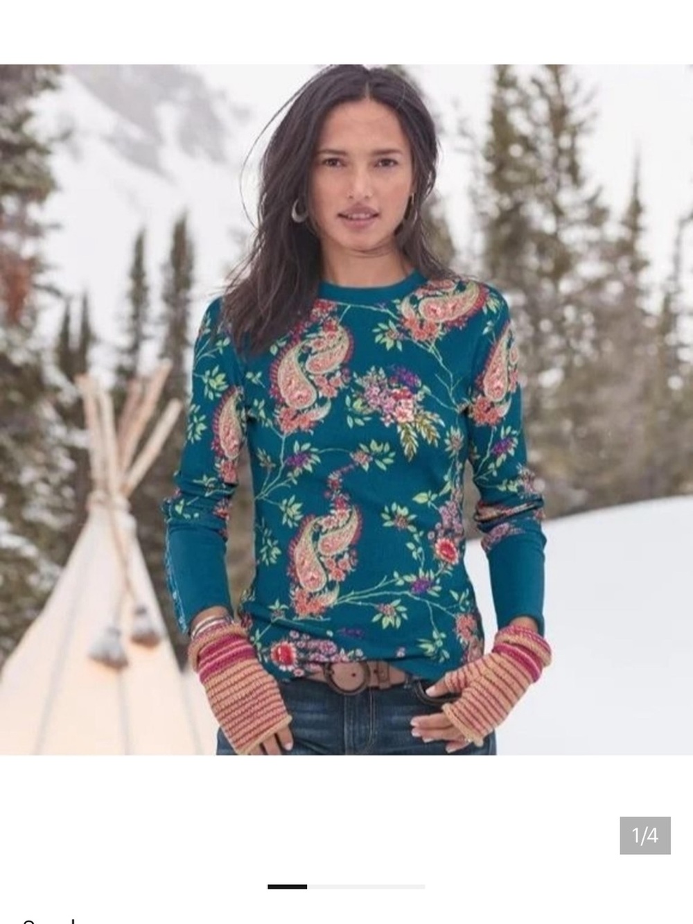 Sundance Paisley Floral Thermal Top Teal, size Small